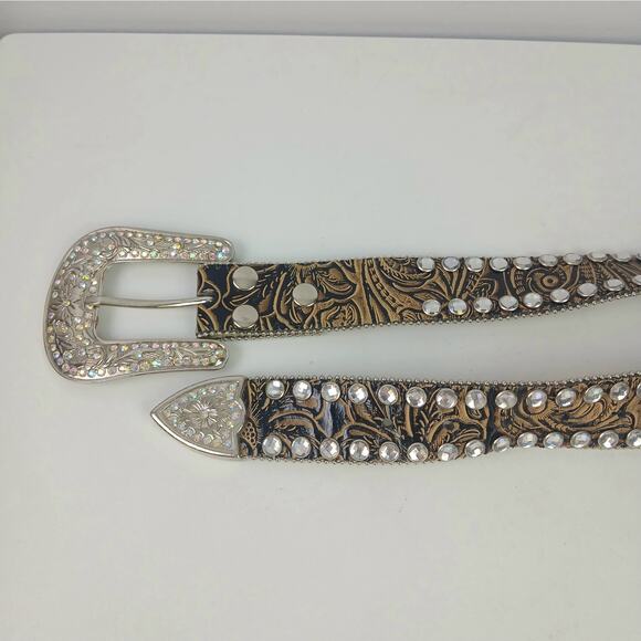 Nocona VTG SZ M Tooled Leather Bling Western Belt Studded Rhinestone Buckle - Picture 4 of 7